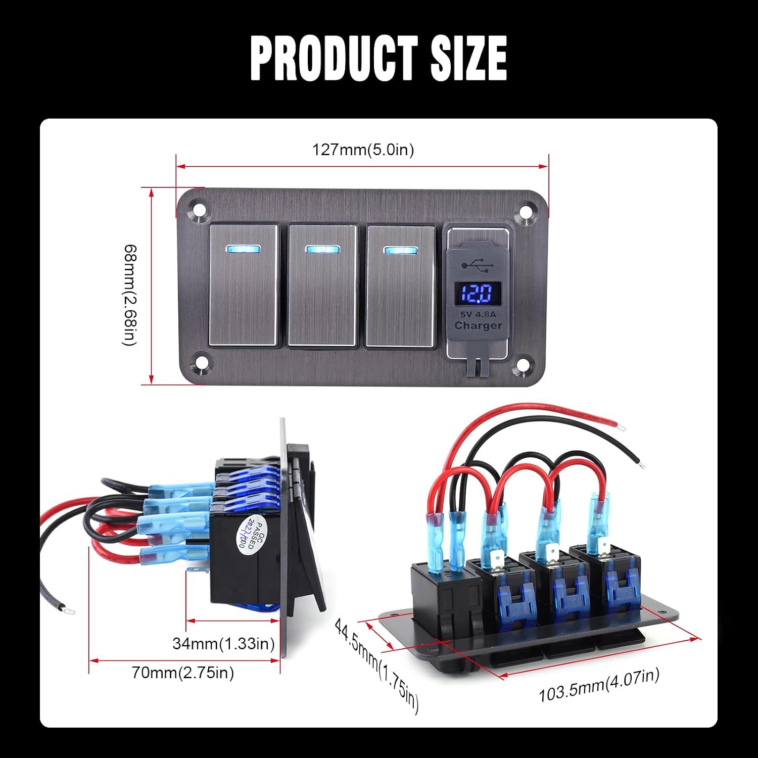 Toggle Switch Panel 3 Gang Waterproof Aluminum Switch 12V/25V Rocker Switch Panel with USB Charger for Farm Garden Marine Boat Automotive Car RV Truck Vehicles
