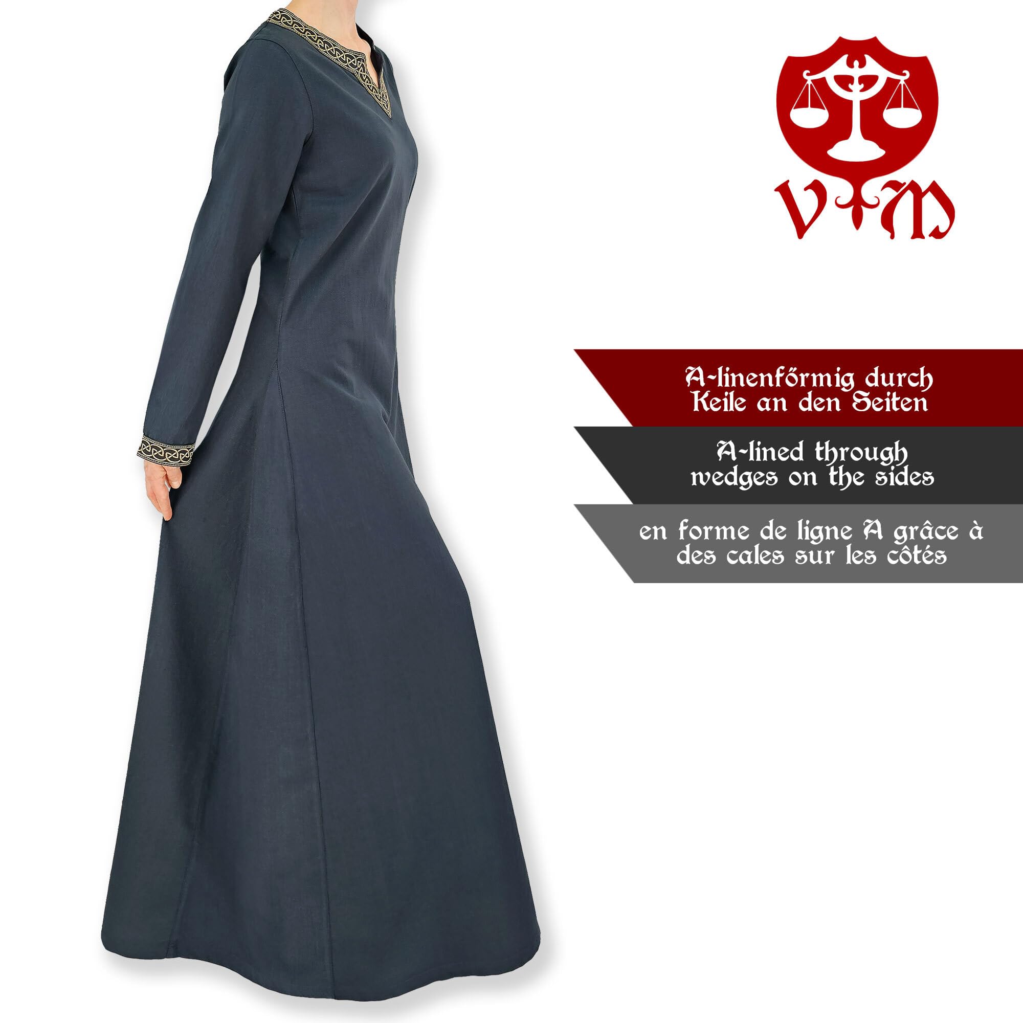 Mittelalter Kleid Langarm, mit Borte Sigyn Baumwolle- Blau, Rot, Grün, Schwarz oder Braun- Mittelalter, LARP, Reenactment