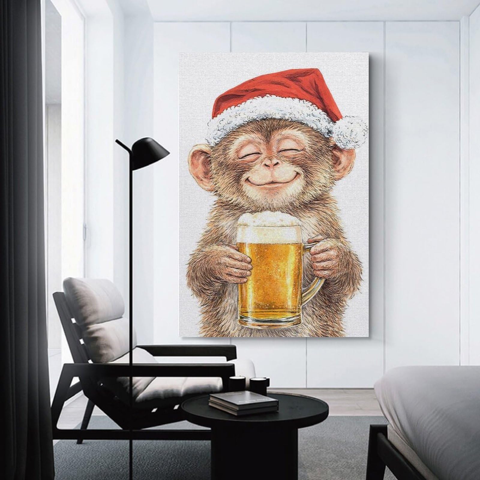 Junmoney Monkey in Santa Hat with Beer Canvas Art Print 12x18inch(30x45cm), for Gallery Wall Layouts in Home Or Office, Decorative Artwork with Flexible Styling