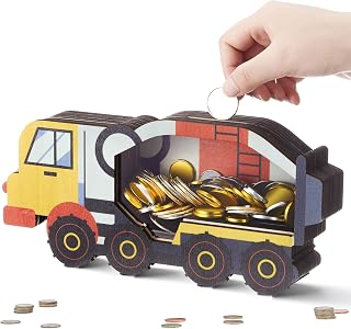Maxdot Wooden Tank Truck Piggy Bank Clear Window Transparent Piggy Bank for Kids Unbreakable Wood Money Box Cool Coin Creative Saving Money Jar for Boys Adults Christmas Birthday New Year Gift