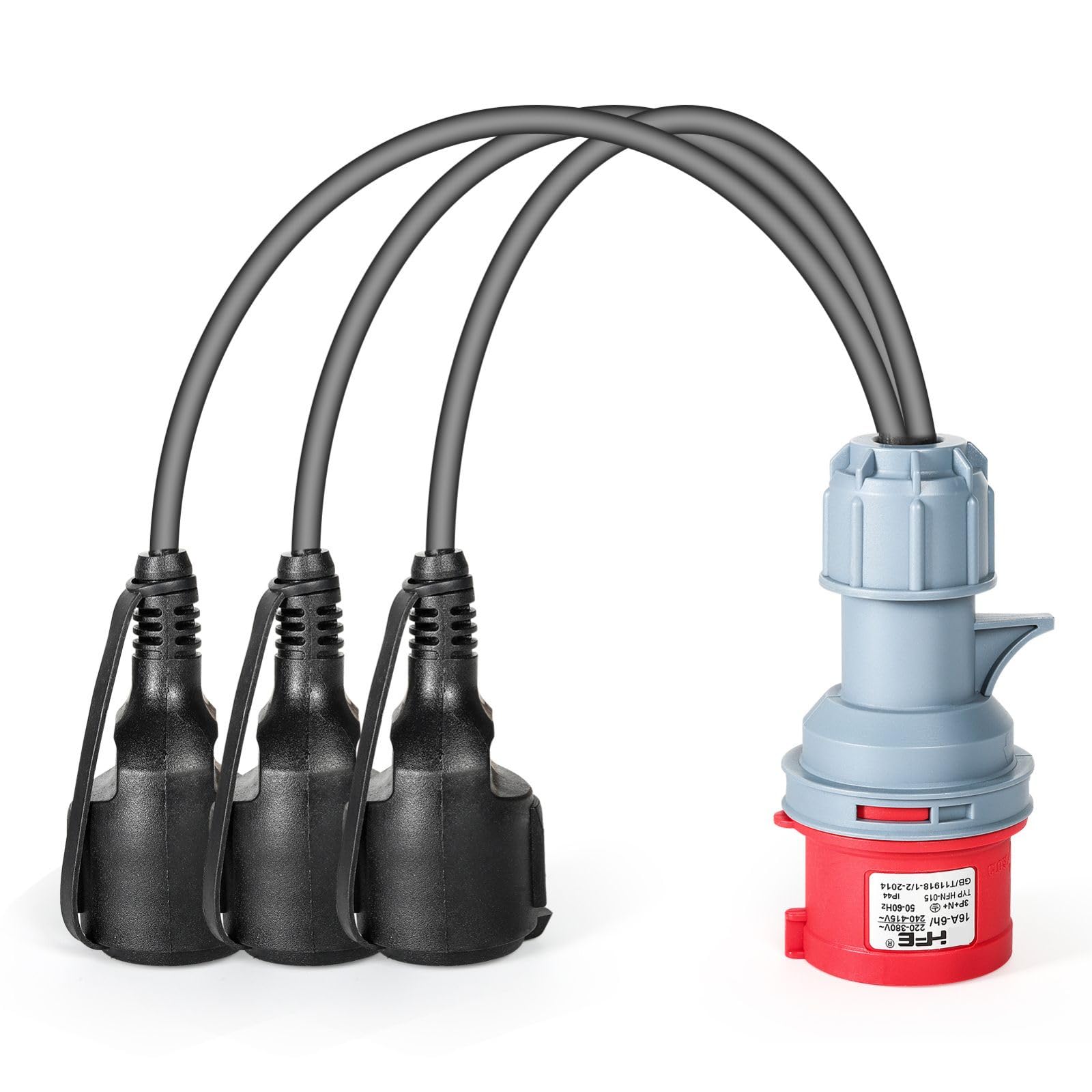 Jadeshay Cavo di Alimentazione CEE Prolunga Elettrica,400V 16A Spina Industriale a Cinque Poli IP44 Impermeabile Adattatore Presa Industriale 1 Spina 5 Pin e 3 Schuko con Cavo 50 cm Caravan Campeggio