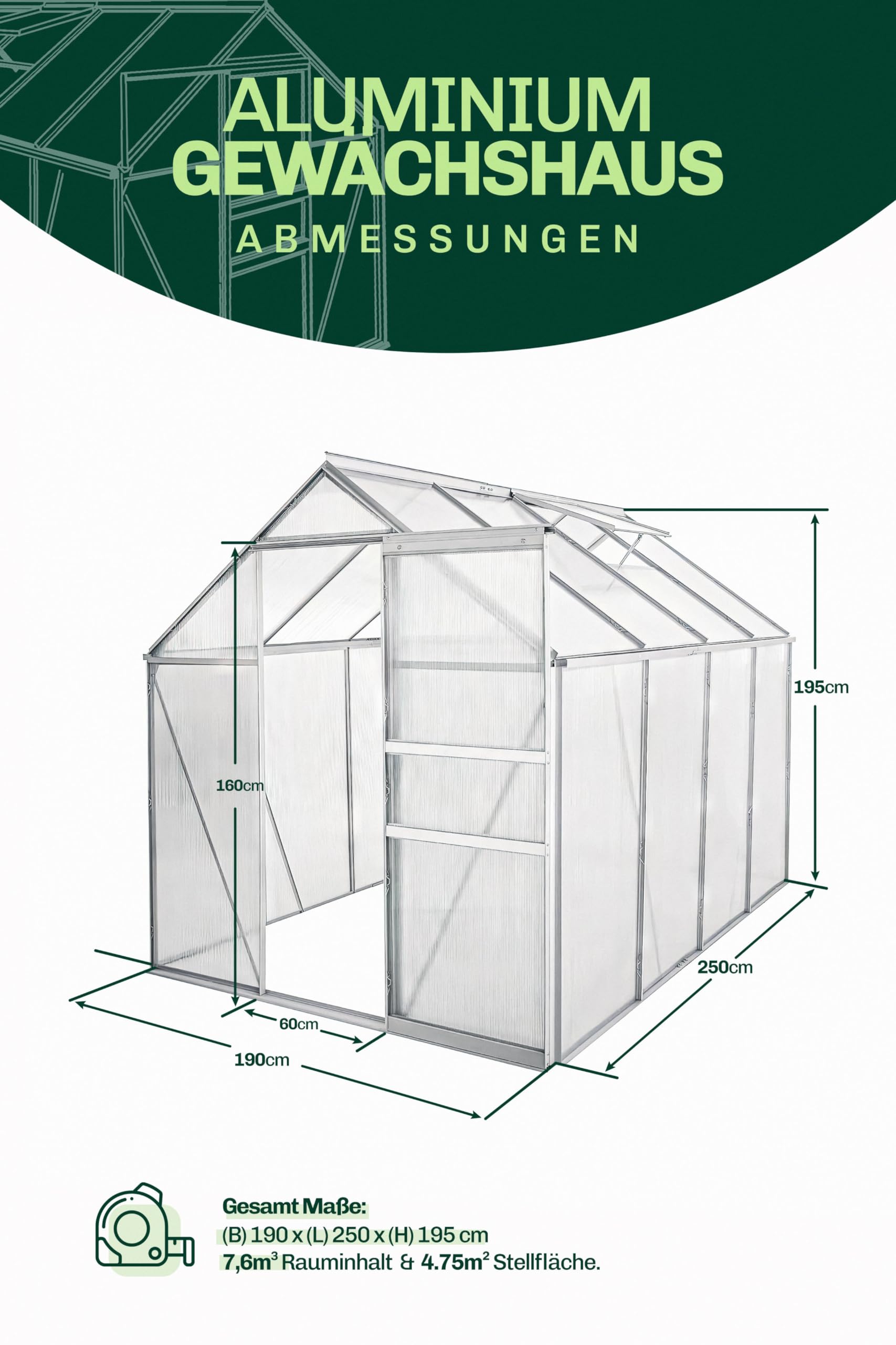 Aluminium Gewächshaus 250 x 190 cm - 4,75 m² - 4mm Platten - Robust, Winterfest & Vielseitig Nutzbar - Ideal für Tomaten, Kräuter & Jungpflanzen - Einfacher Aufbau, ohne Fundament