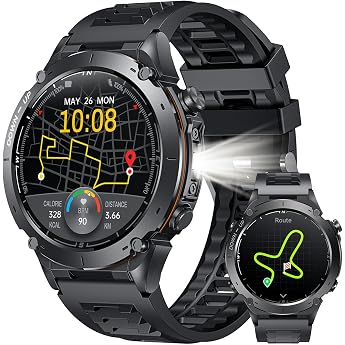 GPS Smartwatch Herren mit Telefonfunktion Fitnessuhr 143 AMOLED Touchscreen mit LED Taschenlampe Sportuhr mit Kompass Luftdruck und Herzfrequenz 3ATM Wasserdicht Uhren Kompatibel iOS und Android