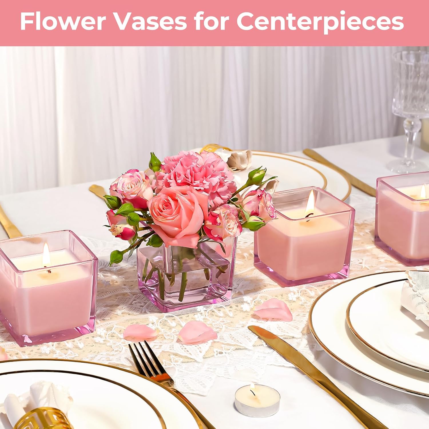 CONNOO 12 Pack 9 OZ Pink Square Candle Jars for Making Candles, Thick Glass Bulk Empty Candle Containers with Airtight Bamboo Lids for Candle Making, Sticky Warning Labels - Dishwasher Safe