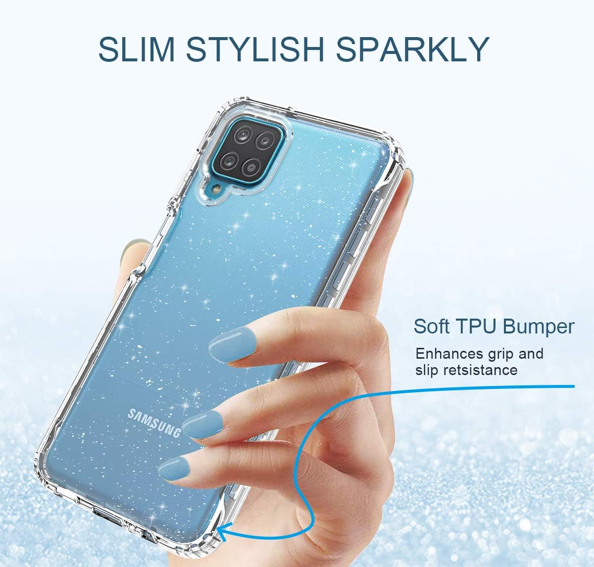 PULEN for Samsung Galaxy A12 Case with built-in screen protector,rugged PC front cover + soft liquid silicone Non-Slip back cover, Shockproof Full-Body Protective Case Cover (Samsung Galaxy A12, Glitter)