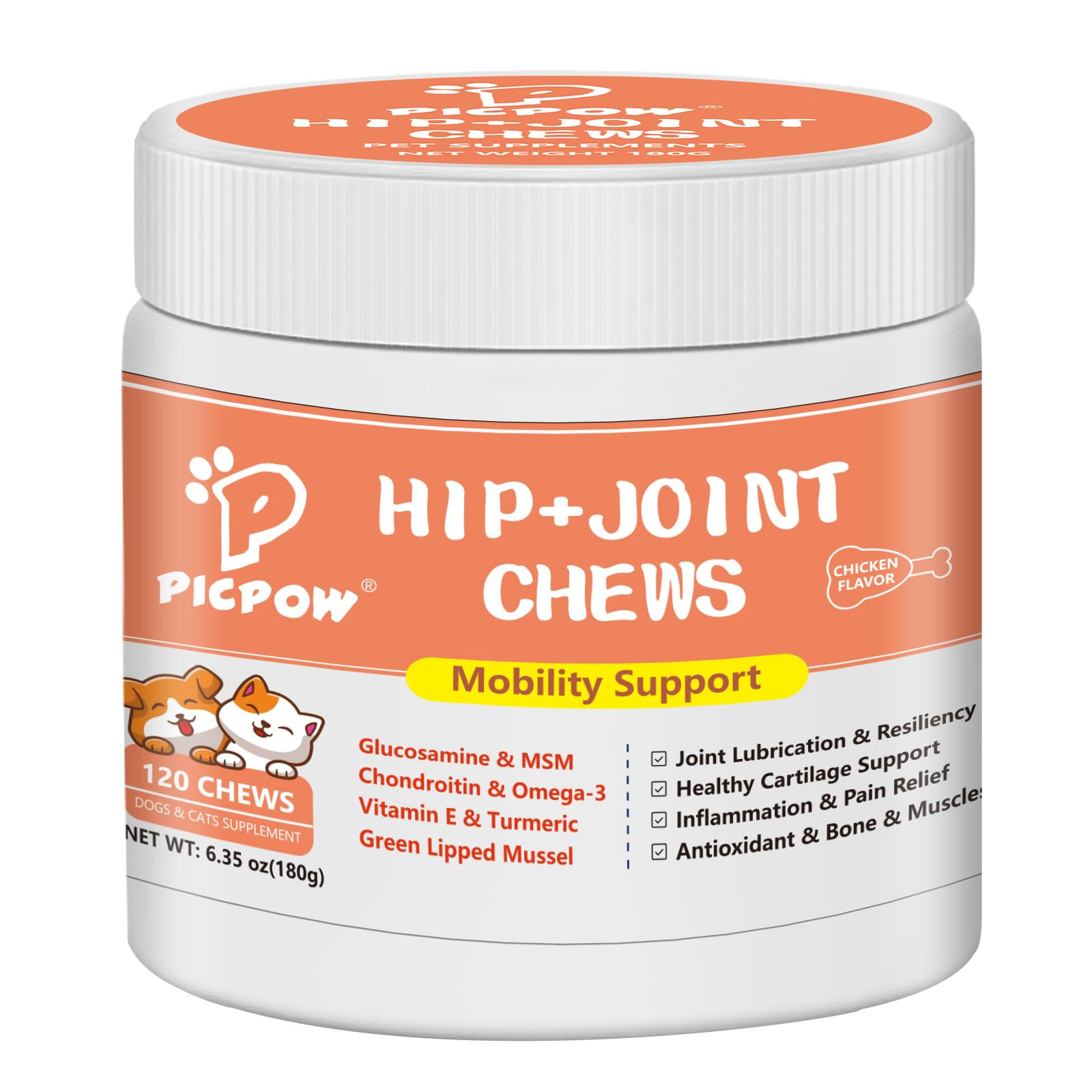 PICPOW Chewable Bone Health for Dogs & Cats Promotes Tissue Repair, Supports Bones& Muscles, Digestive, Skin, Coat and Improved Nutrient Absorption, 120 Soft Chews.