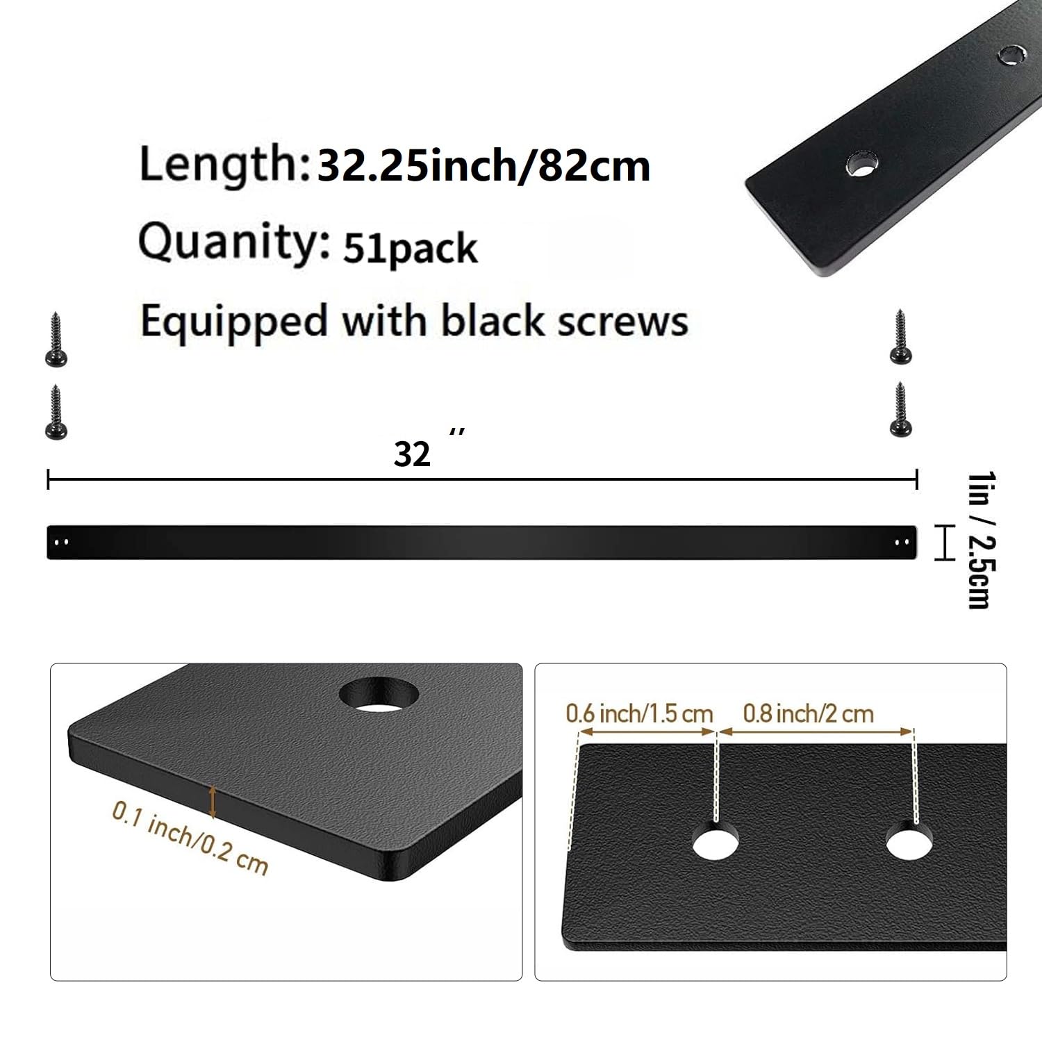 51 Pack Deck Balusters 32.25"x1" Strip Baluster, Black Metal Deck Spindle and Stair Railing with Screws, Rectangular Deck Balusters for Porch Railing