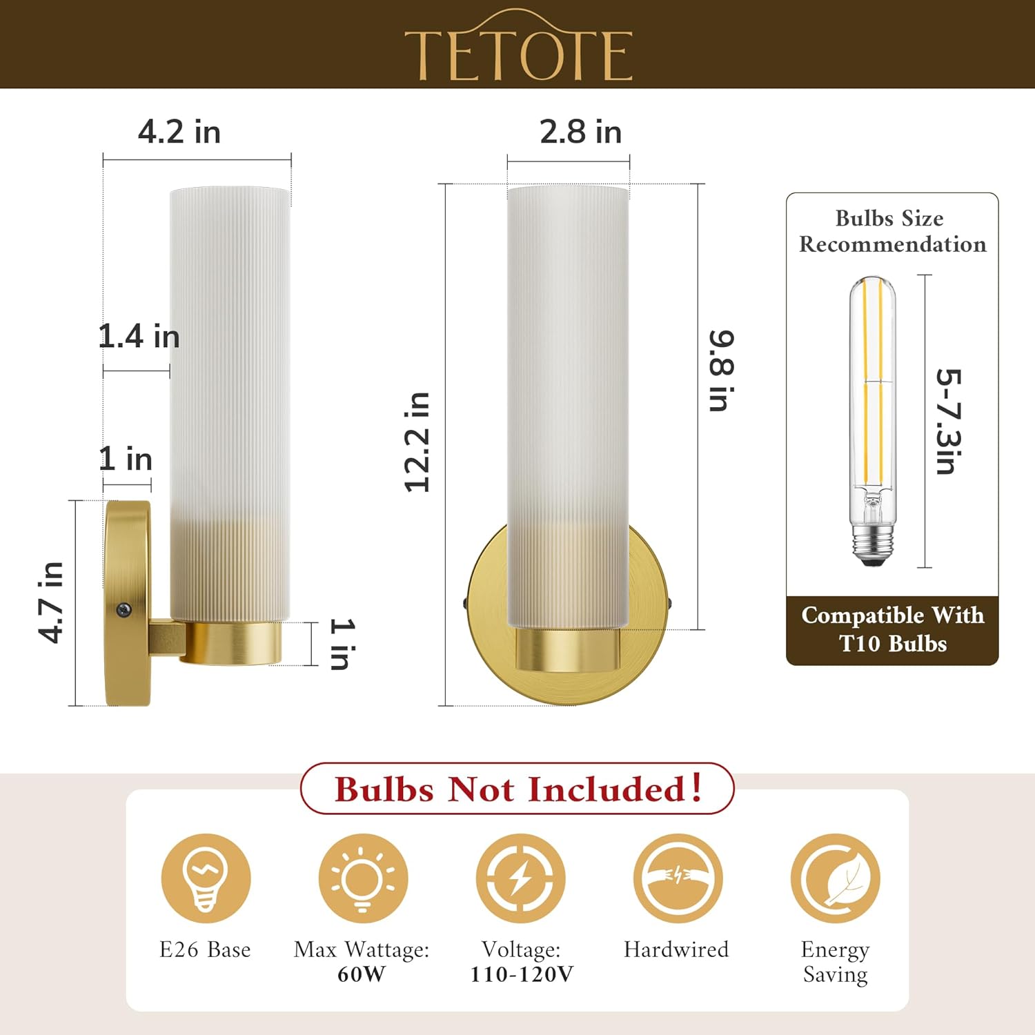 TETOTE Brushed Gold Wall Sconces Set of Two Modern Bathroom Wall Light Fixtures Farmhouse Wall Lights with Frosted Glass Shade for Mirror Bedroom Living Room