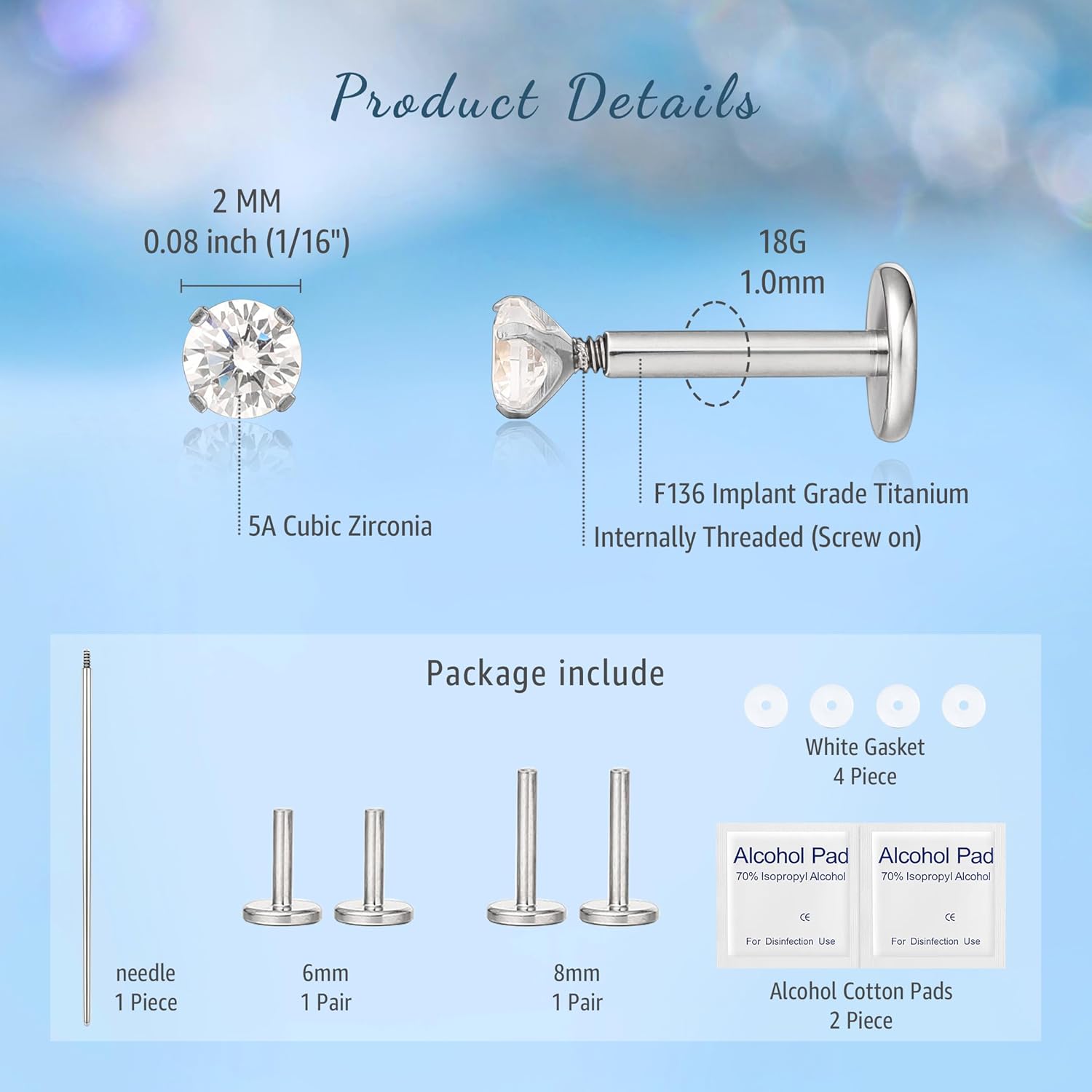 Limerencia 2Pcs 18g Titanium Internally Threaded Tragus Piercing Jewelry Nose Studs Flat Back Earrings Labret, Lip, Helix, Cartilage, Conch, Medusa Piercing for Women Men Sensitive Ears - Image 3