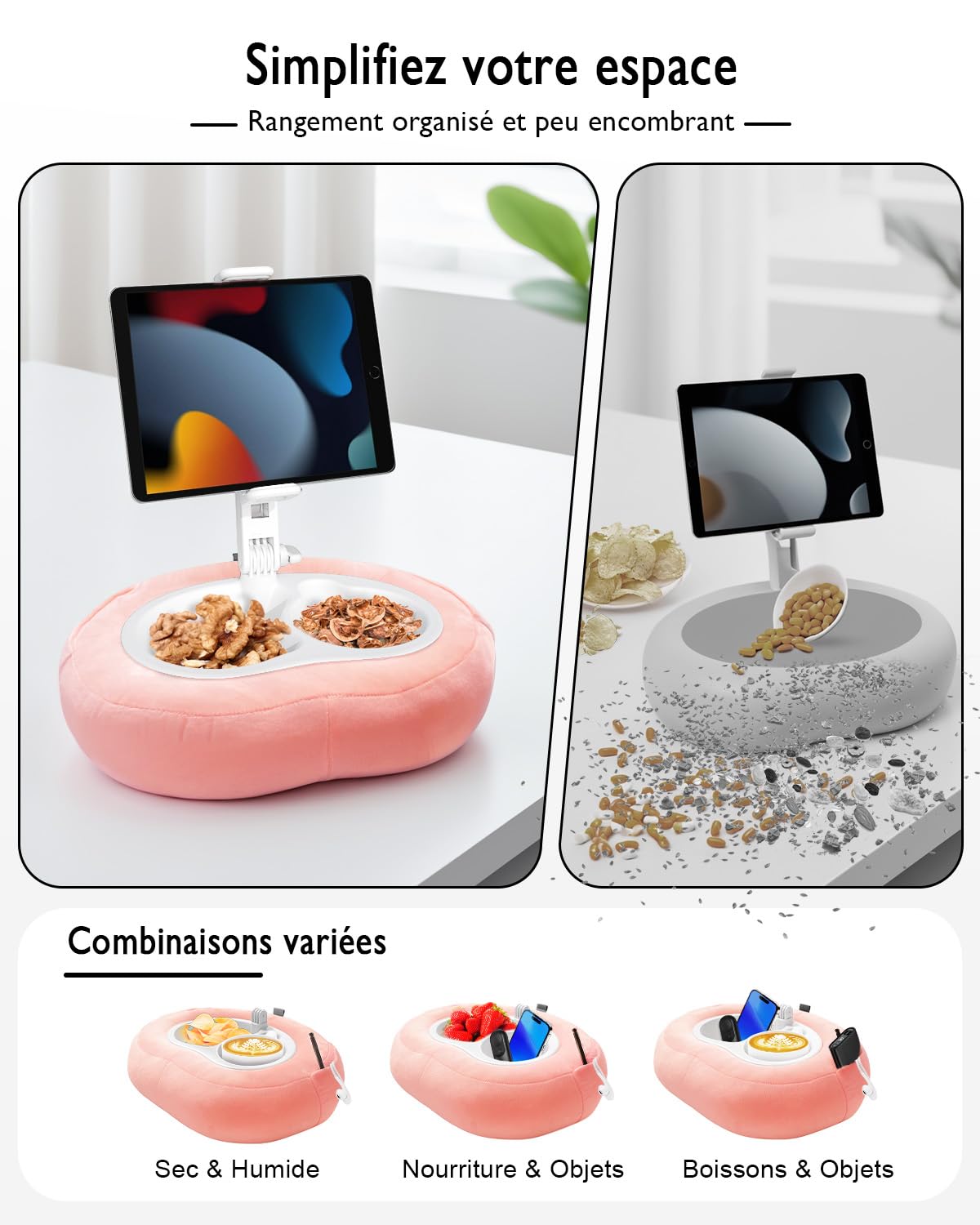 Miledi Support Tablette avec Coussin, Support Kindle, Coussin Support Rotatif à 360° Compatible avec Appareils de 5 à 12,9 Pouces, Support Téléphone pour Lecture au Lit, Rose
