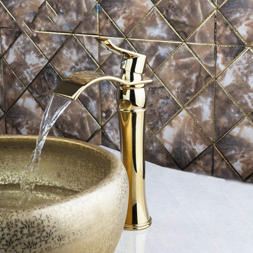 ASerZenith Bathroom Mixer Luxury Tall Single Hole Polished Gold Wide Waterfall Spout Bathroom Wash Basin Sink Mixer Tap Faucet