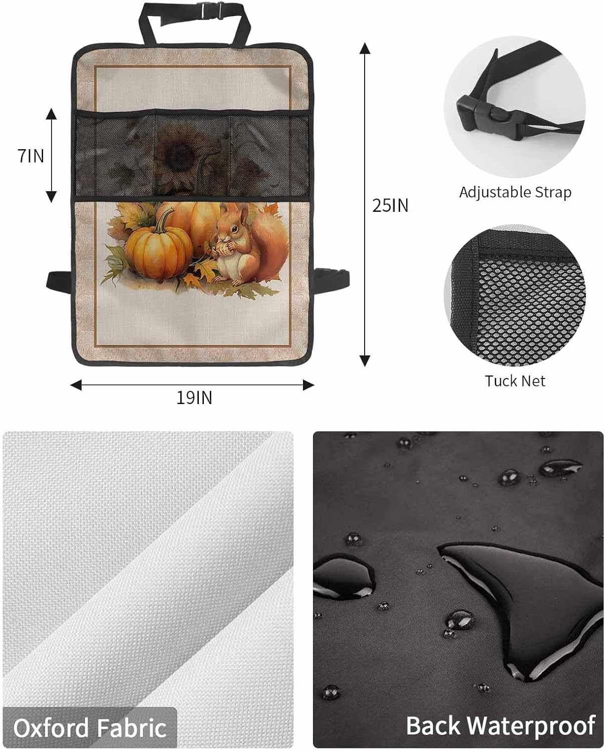 Car Seat Protector, 2 Pack Kick Mats with Organizer - 3 Pocket Storage, Thanksgiving Sunflowers and Pumpkin with Squirrel Back Seat Cover for Kids Universal Fit Automotive Interior Protectors