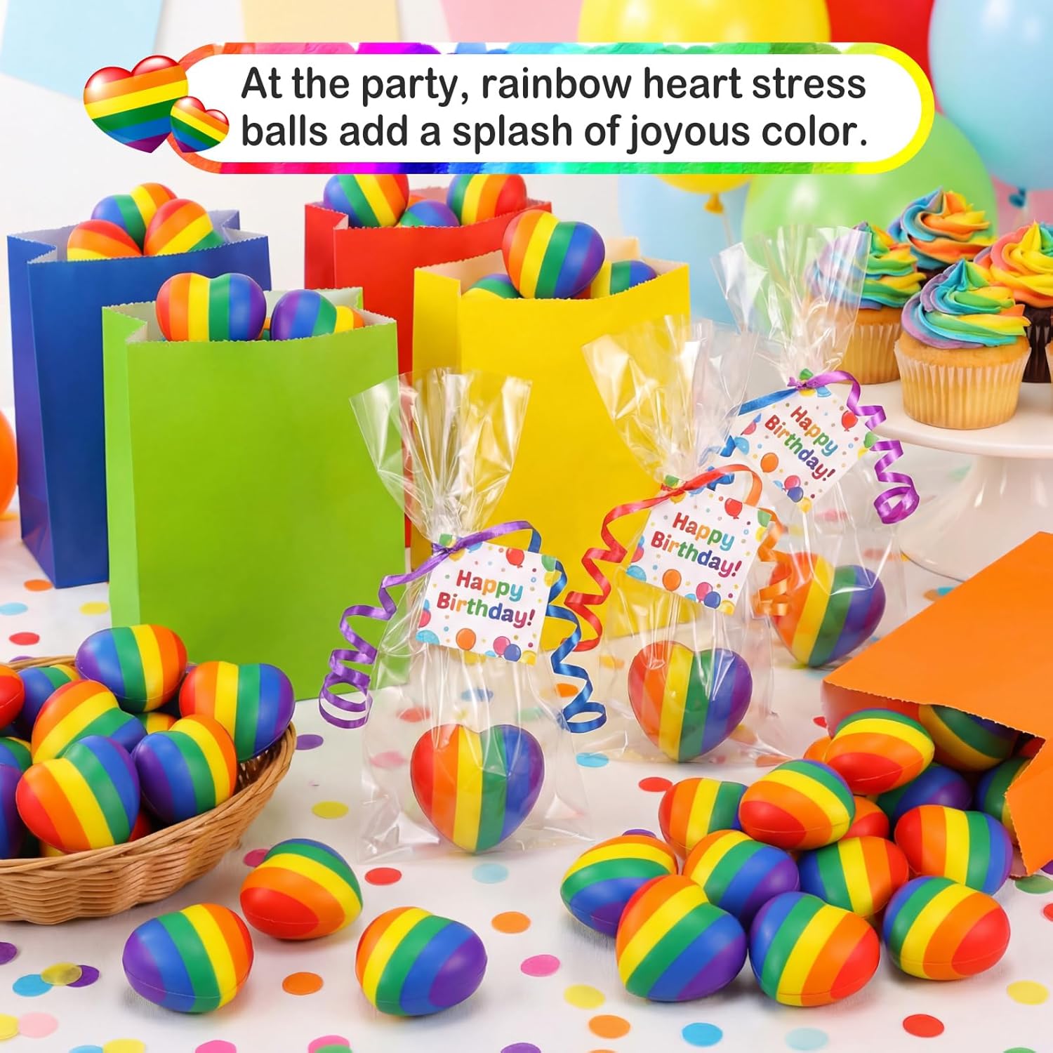 Libima 50 Pcs 1.57 Inch Rainbow Heart Stress Balls Bulk Colorful Pride Squeeze for Stress Relief Hand Exercise Vibrant LGBT Favors Desk Decor Gifts for Adult Improving Strength Release