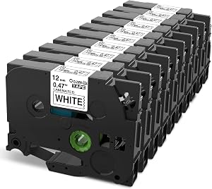 Label Maker Tape Replacement for Brother PT-H110 D210 H100 D400 D220 610BT P710BT Label Tape, TZe Tape 12mm 0.47 Laminated Tape P Touch Refills AZe Tz TZe-231, 1/2 Inch, Black on White, 10-Pack