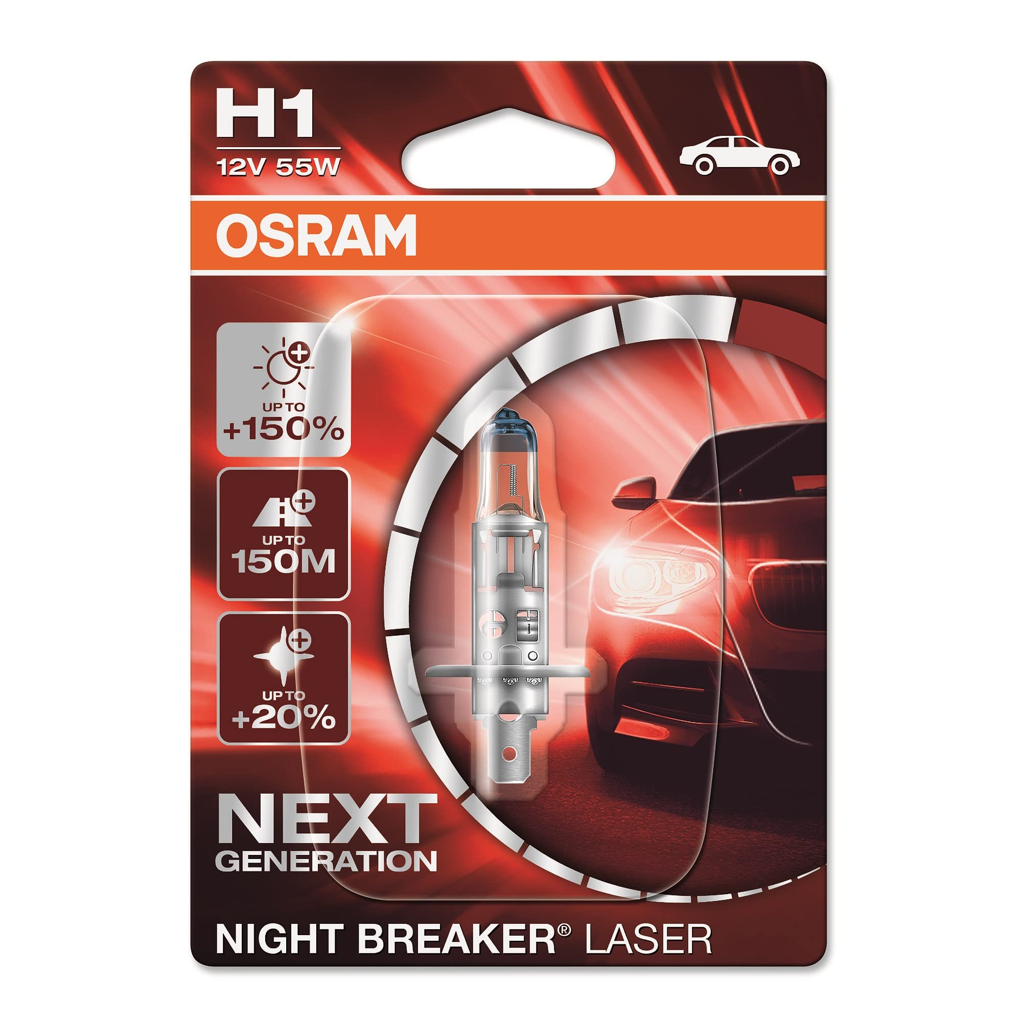 OSRAM Scheinwerferlampe Night Breaker Laser H1 – +150% Helligkeit