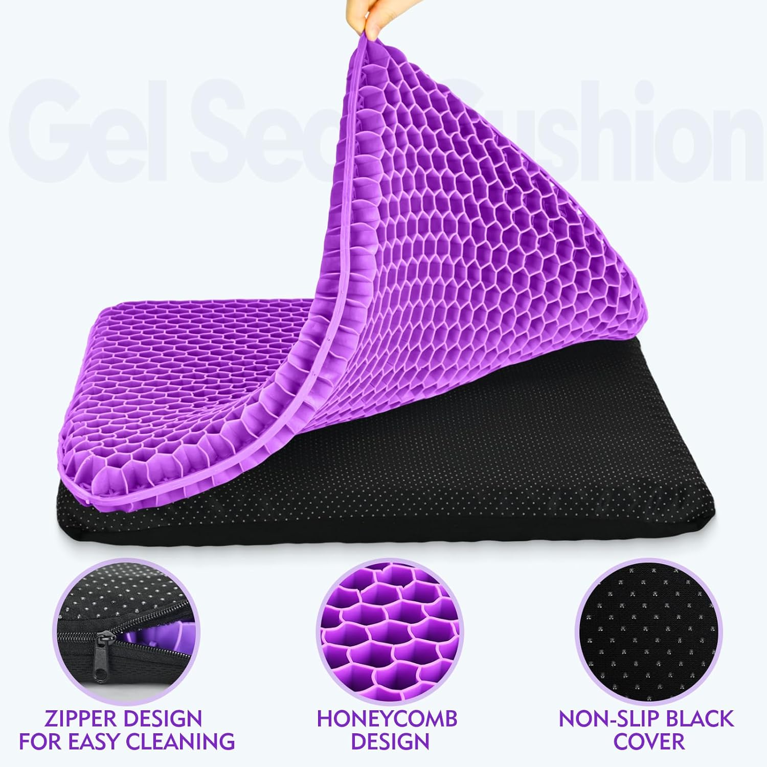 Plus Size Gel Cushion for Long Sitting, Breathable Honeycomb Pressure Relief Pad for Office Chair, Car & Wheelchair (Plus Size - Light purple-01)