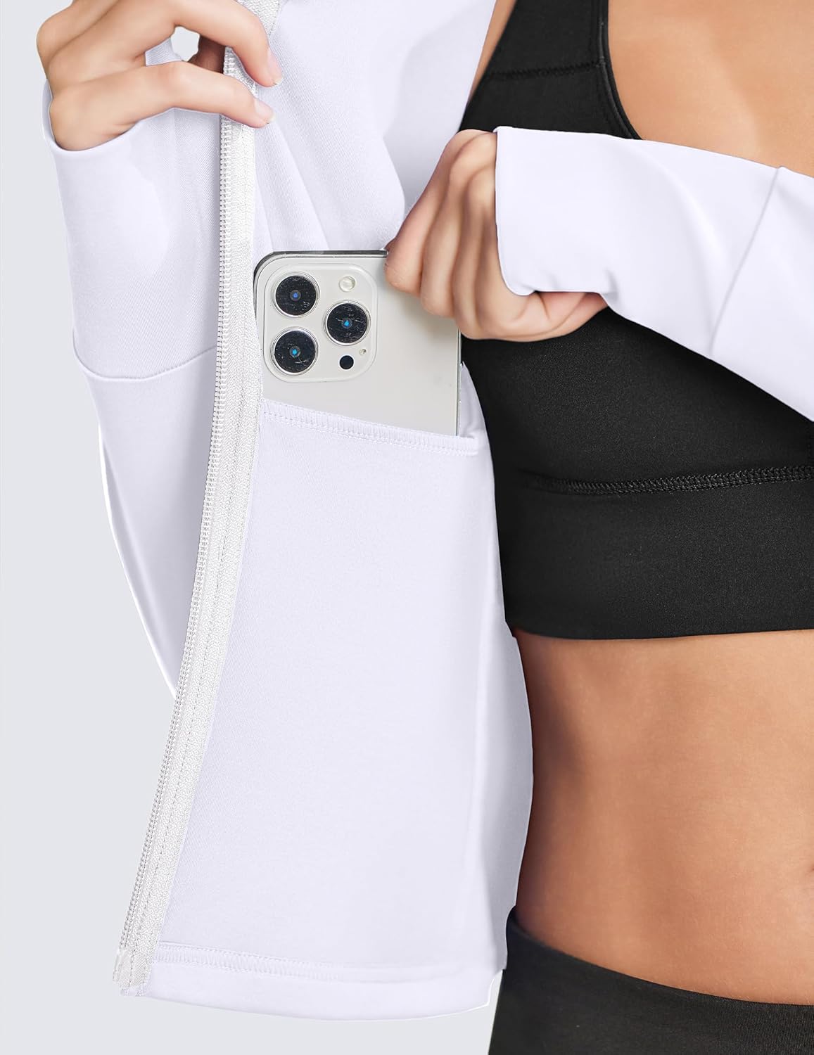 PINSPARK Women Cropped Workout Jackets Full Zip Slim Fit Athletic Jackets Thumb Holes Running Jacket with Zipper Pockets - Image 3