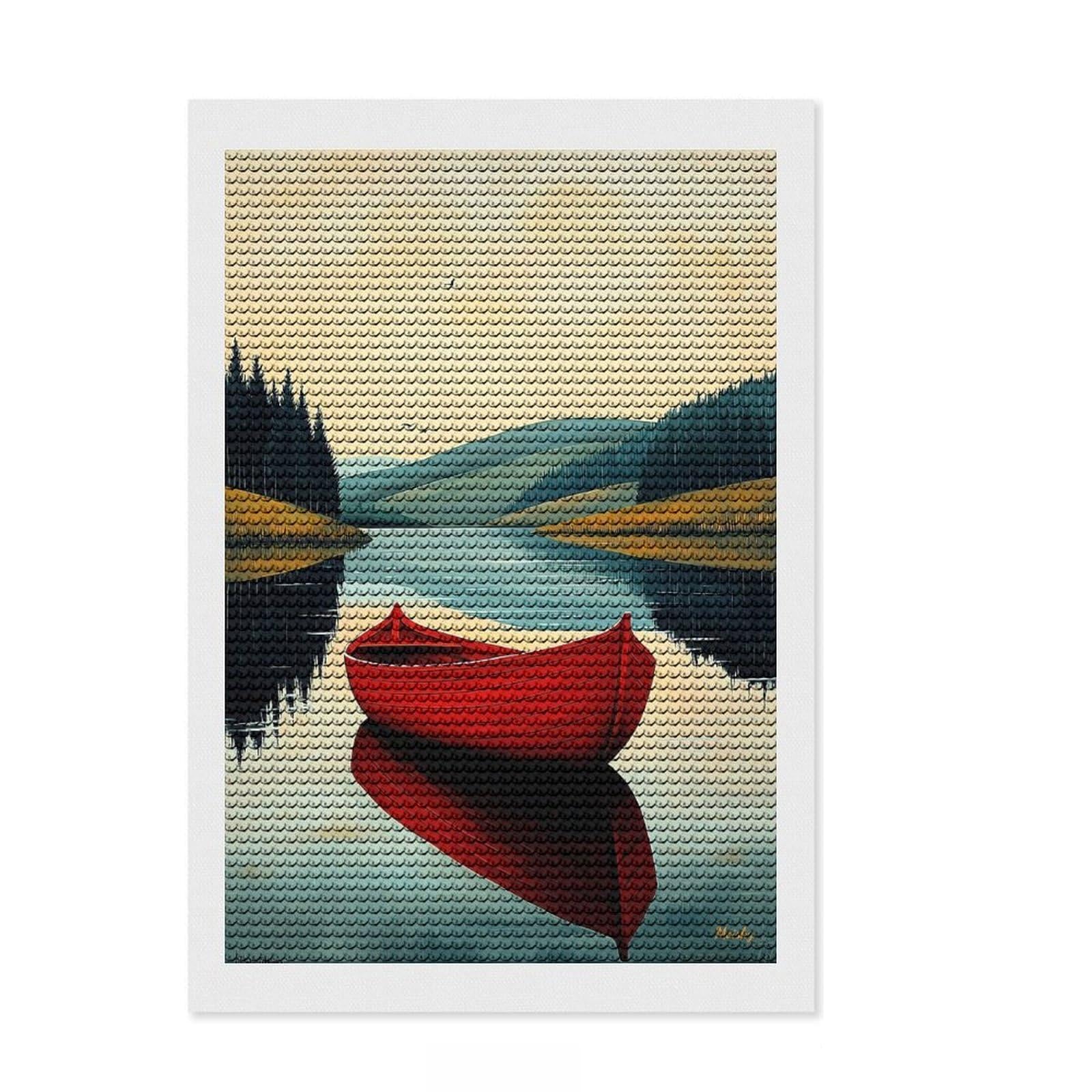 Junmoney Red Boat Reflection – Naïf Serene Lake Art Diamond Painting Set 8"x12", Stress Relief Craft, Finish and Display, Boho Decor, for Women, Sparkling Round Gems