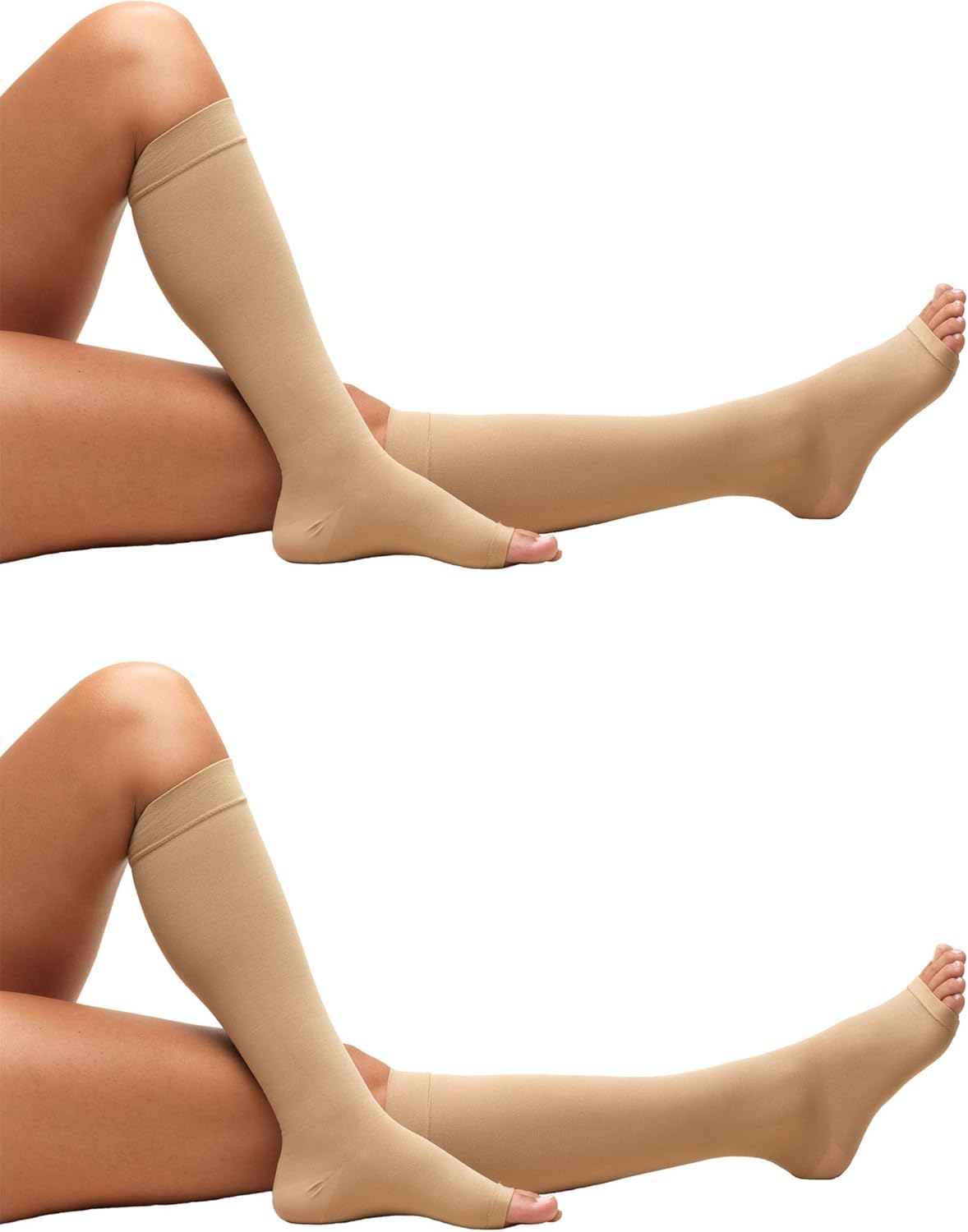 Truform Surgical Stockings, 18 mmHg Compression for Men and Women, Knee high Length, Open Toe, Beige, Large - Short Length (Pack of 2)