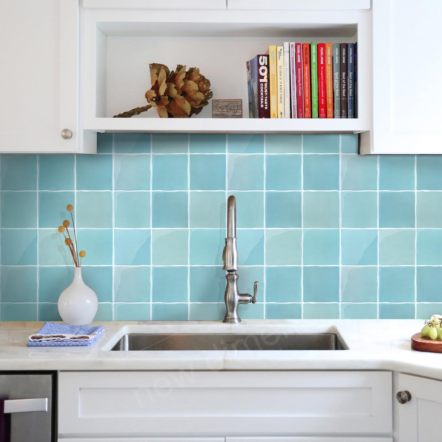 Commomy Più Spessi Paraschizzi Cucina Adesivo, 10 pezzi, 30,5 x 30,5 cm | Verde Blu Piastrelle Mattonelle Adesive Bagno Vinile 3D Metro, Adesivi per Piastrelle Cucina Impermeabili