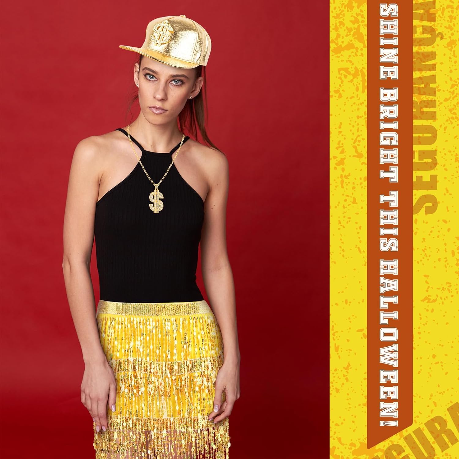 Halloween Gold Digger Costume Gold Rapper Hat Golden Sequin Skirt Necklace for Adults Outfit Halloween Cosplay