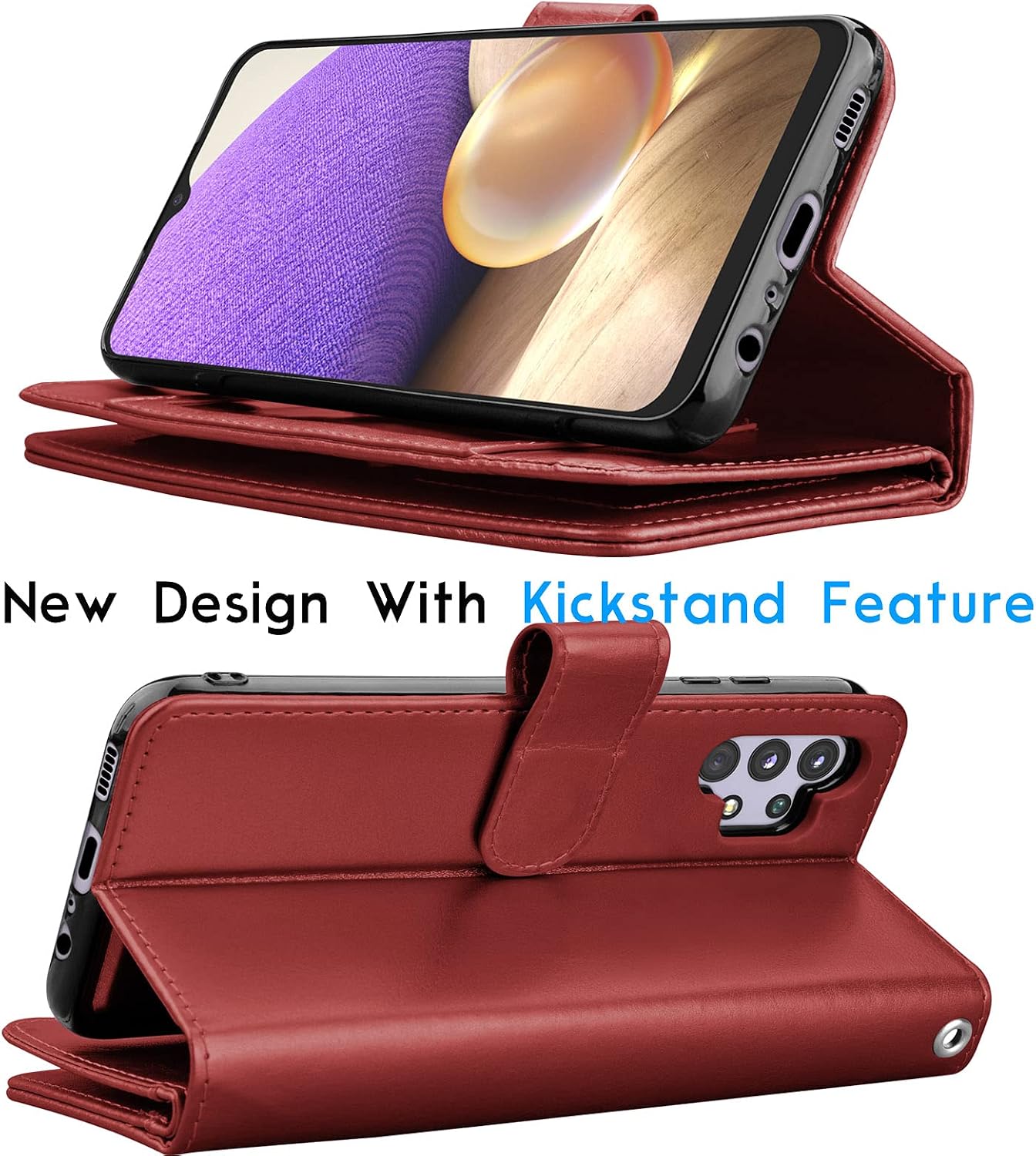 Galaxy A32 5G Case, Galaxy A32 5G Wallet Case, Tekcoo Luxury PU Leather Cash Credit Card Slots Holder Carrying Folio Flip Cover [Detachable Magnetic Hard Case] Kickstand for Samsung A32 5G [Wine Red]