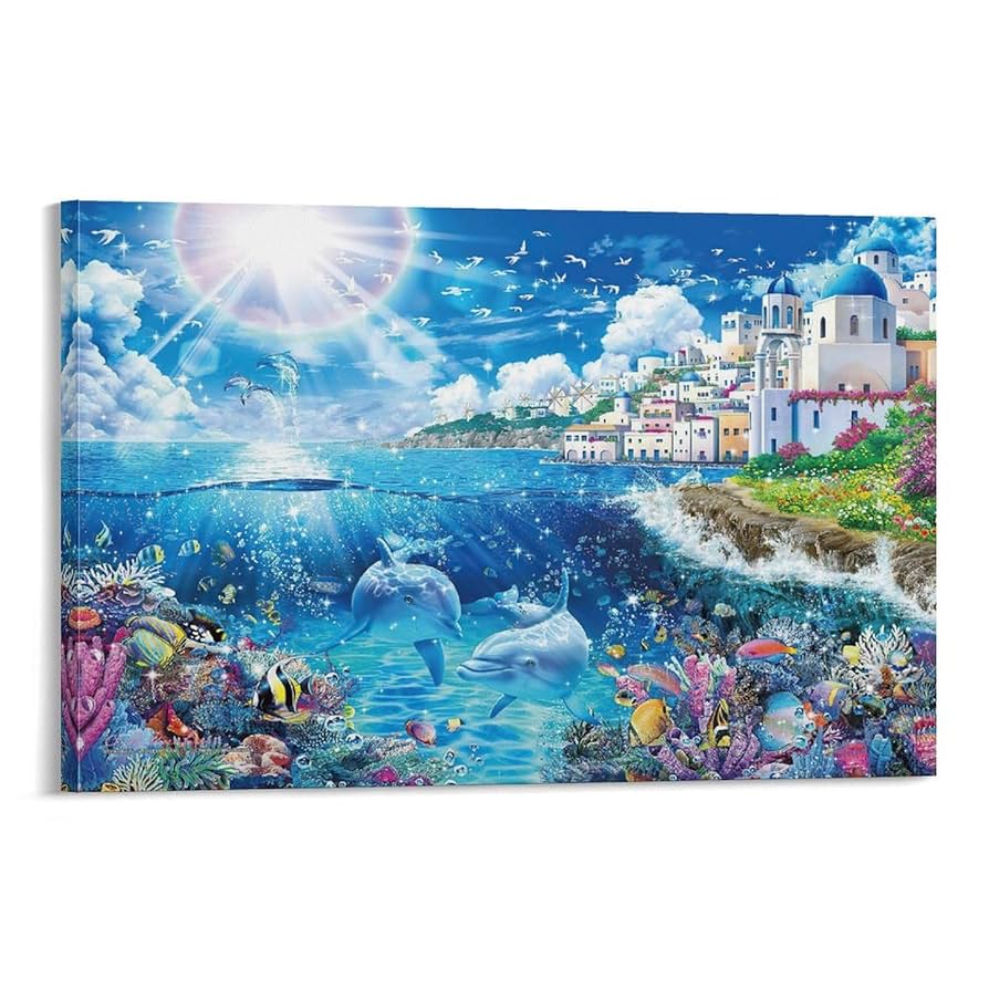 青い海 クリスチャン・ラッセン カラフルな海 海景画2 イルカ ポスター