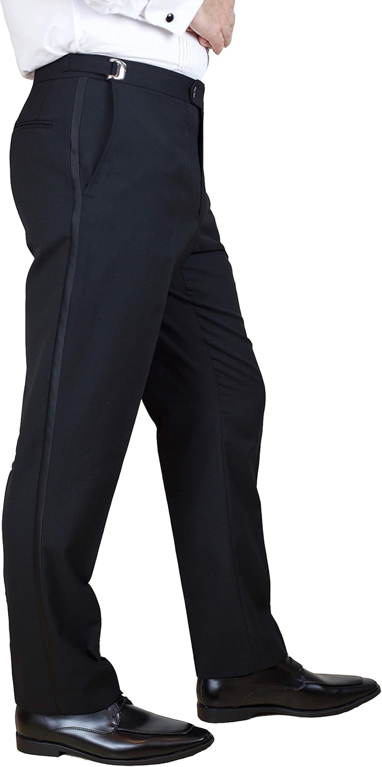 Sir Gregory Men’s Adjustable Waist Formal Fitted Trousers with Satin Stripe Size 30-32 Waist x 28 Length Black - Image 3