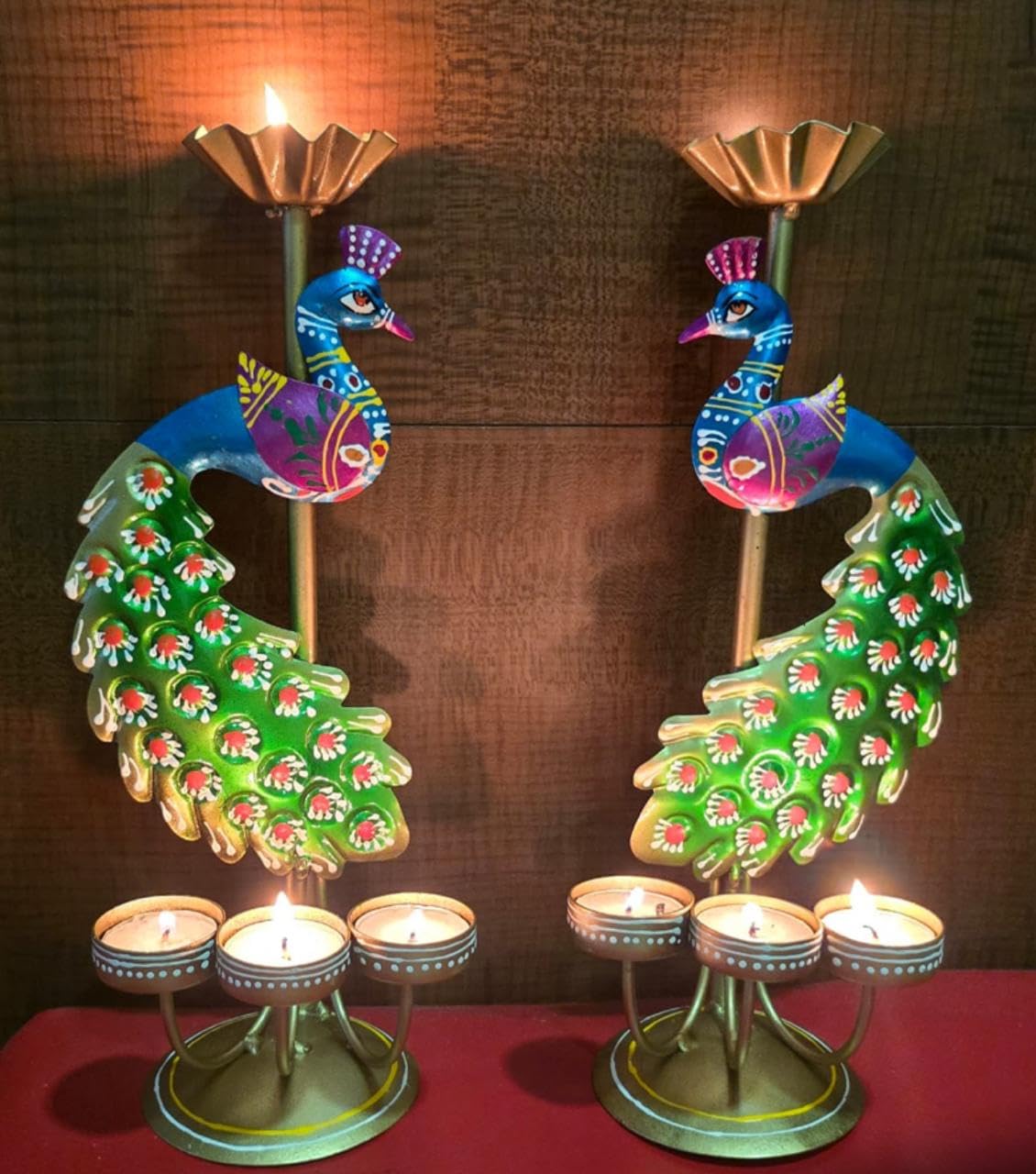 SETHI AESTHETIC Metal Peacock Tealight Candle Holder, Handcrafted Rajasthani Design, 15 x 35 cm (Pair)-image-30