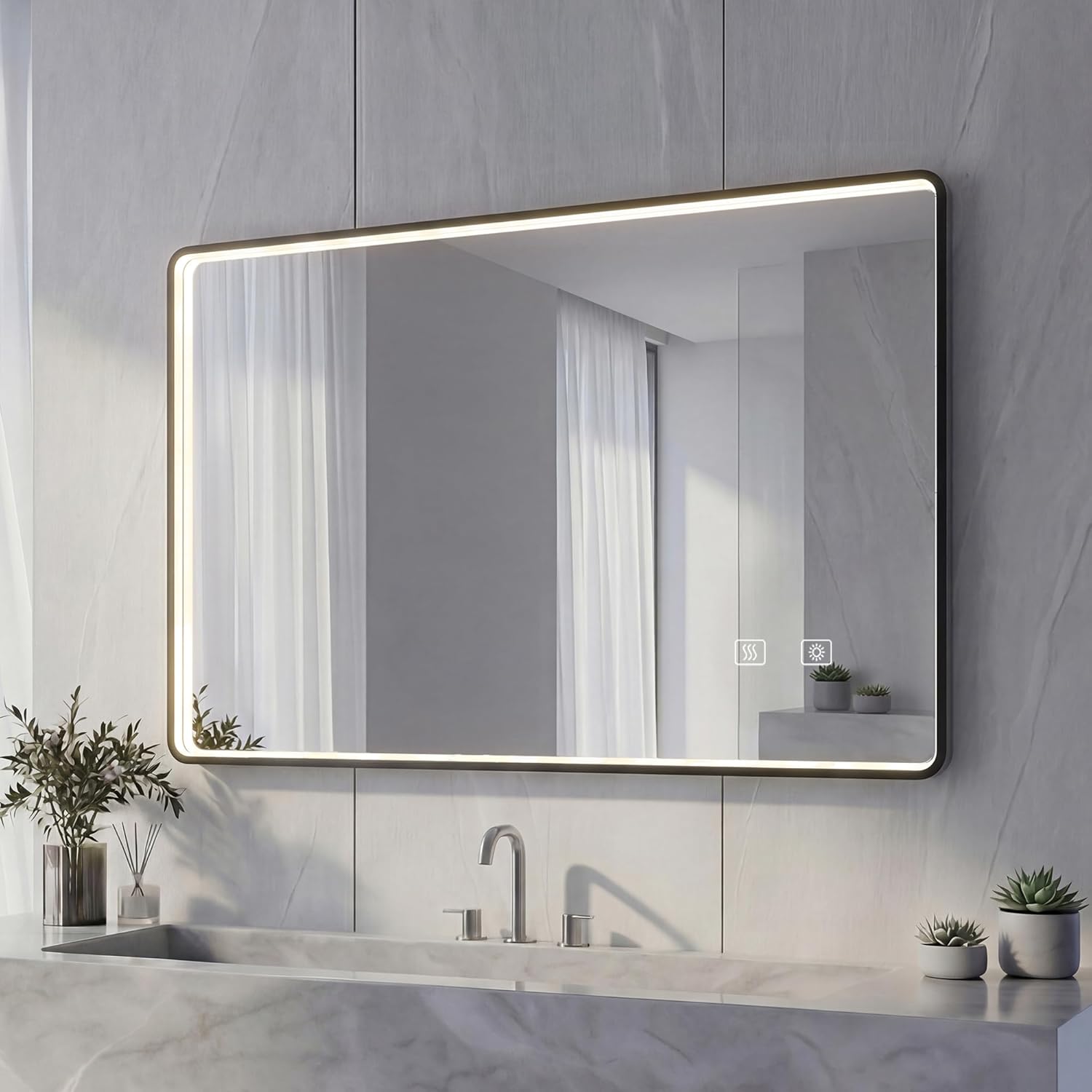 LED Badspiegel mit Aluminiumrahmen, 5mm Kupferfreier HD Silber-Spiegel, 3 Lichtfarben Dimmbar, Wandspiegel mit Touch-Schalter &amp; Anti-Beschlag, Modernes Design &amp; Memory-Funktion, Rechteckig