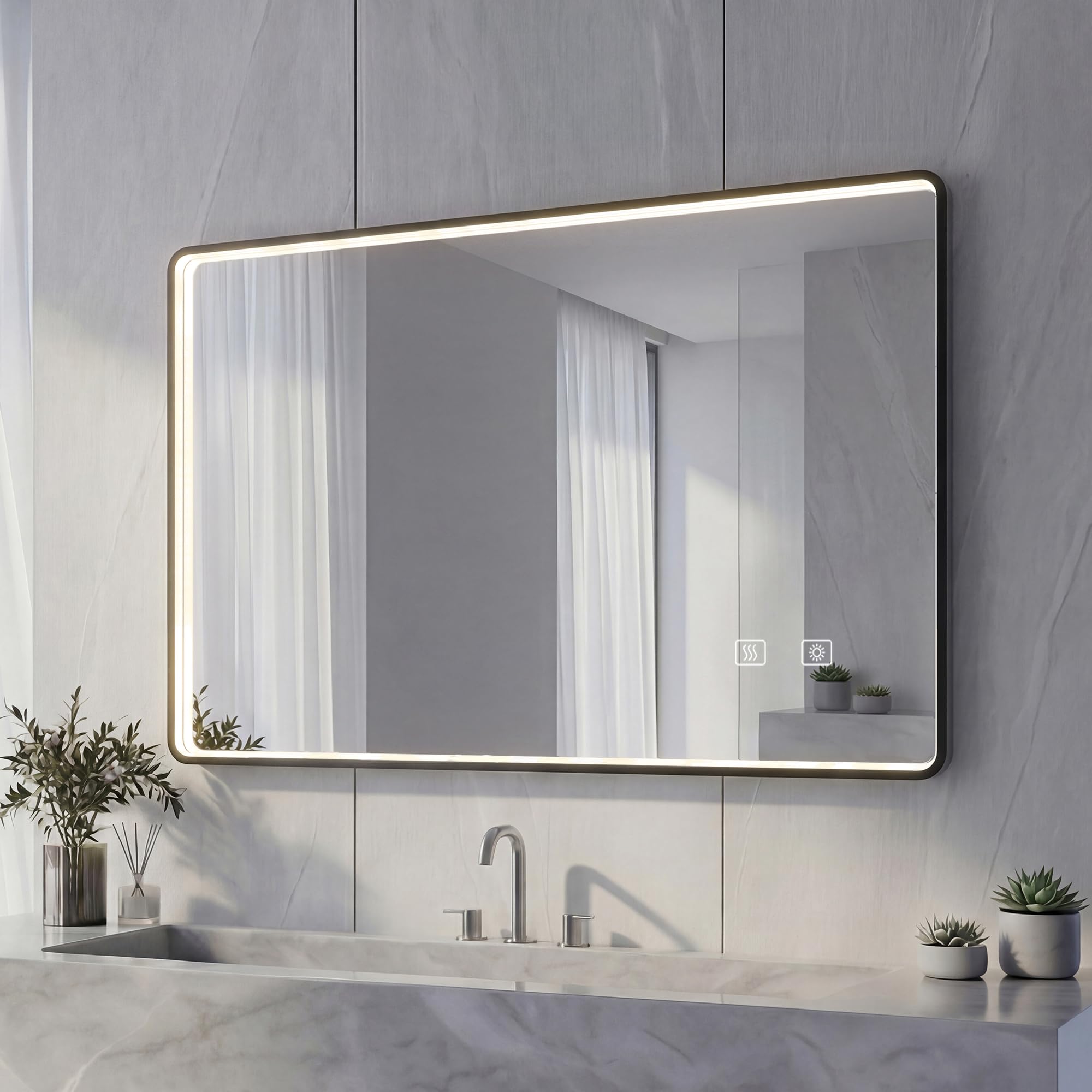 Specchio Bagno LED con Cornice in Alluminio, Specchio Argento HD da 5mm senza Rame, 3 Colori di Luce Dimmerabile, Specchio da Parete con Interruttore Touch & Anti-Appannamento, Funzione Memoria