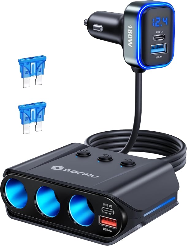 Împărțitor brichetă auto SONRU 7 în 1, încărcător auto 12V 24V, 3 prize, 4 porturi USB cu încărcare rapidă, voltmetru LED, întrerupătoare individuale