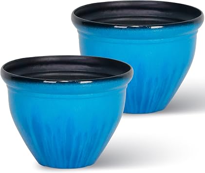 Worth Garden 8-Inch Dia. Round Blue Plastic Planters with Drain Holes, 5.9-Inch Height - 2-Pack Glossy Finish Bell-Shaped Plant Pot Lightweight Indoor/Outdoor Flower Pots