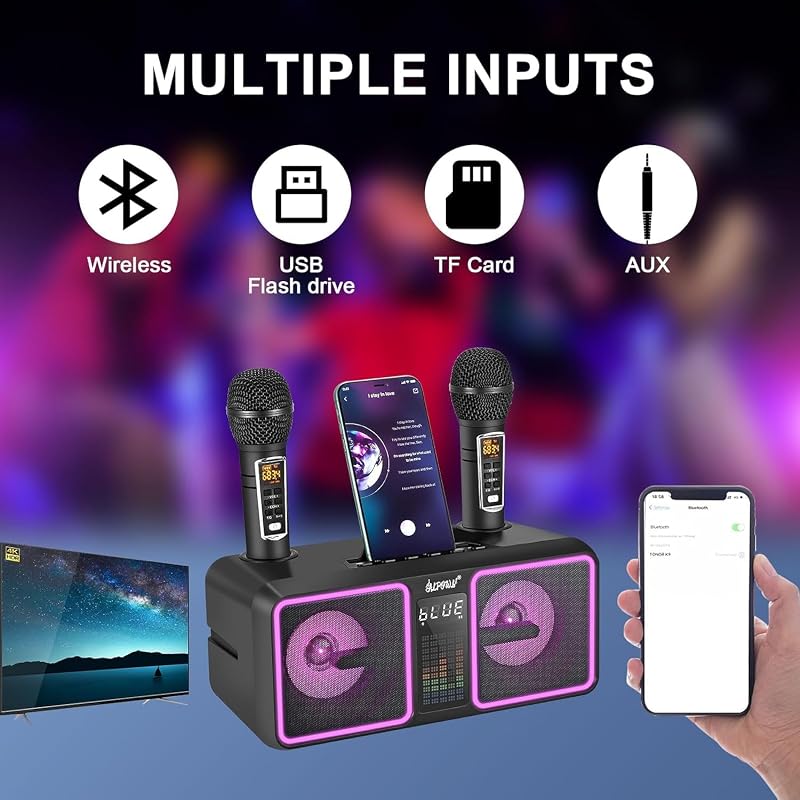 ALPOWL AL001 Karaoke Gép 2 Vezeték Nélküli UHF Mikrofonnal - Hordozható Bluetooth Hangszóró LED Fényekkel Otthoni Partikhoz, Esküvőkre