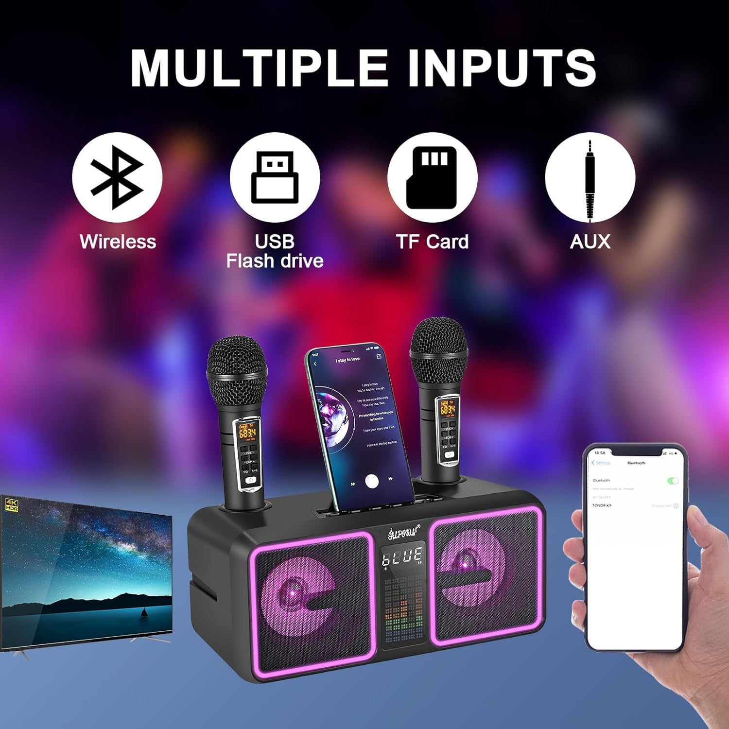 ALPOWL Karaoke Professionale Completo per Bambini e Adulti con 2 Microfono Wireless UHF, Cassa Bluetooth Potente con LED Striscia Cambianti Colore per Festa di