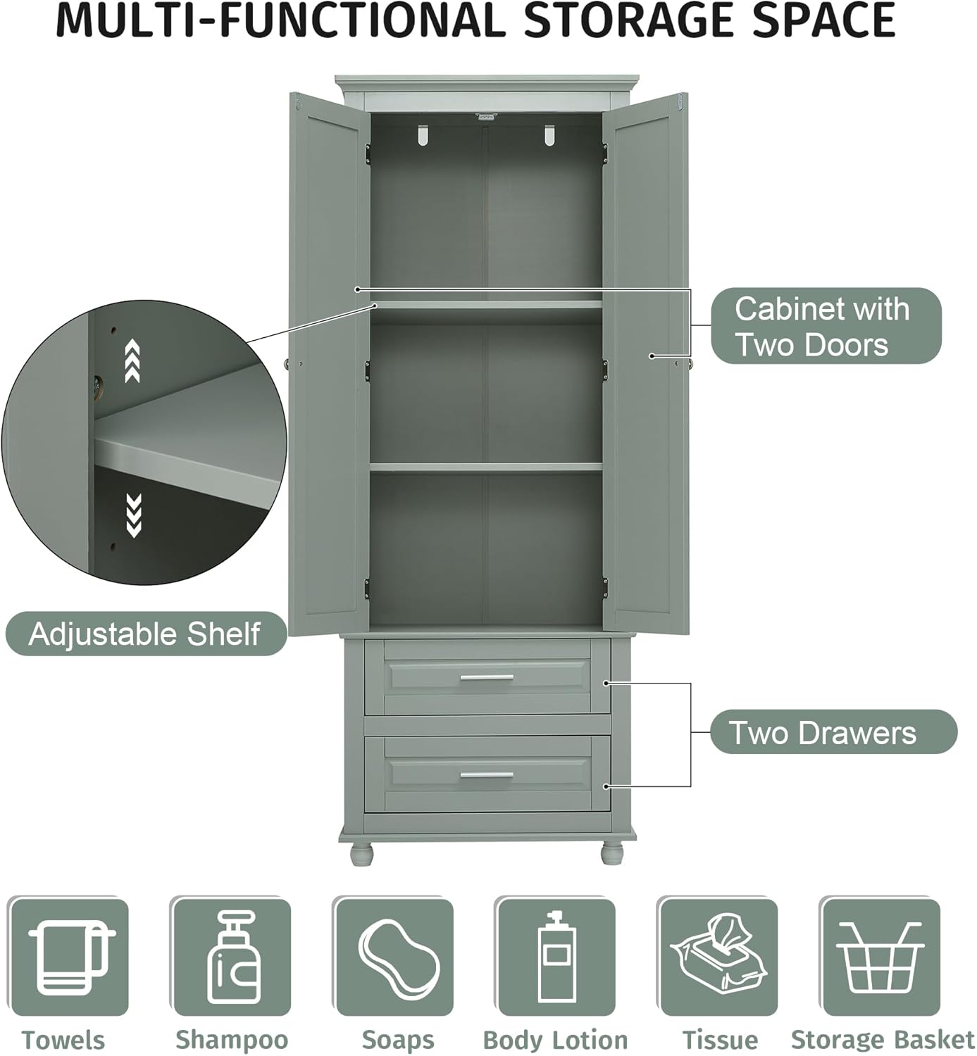 Storage Cabinet with 2 Doors and 2 Drawers for Bathroom/Office,Kitchen,Pantry Cabinet with Adjustable Shelf,Freestanding Floor Storage Cabinet for Living Room (Grey+2Drawers)