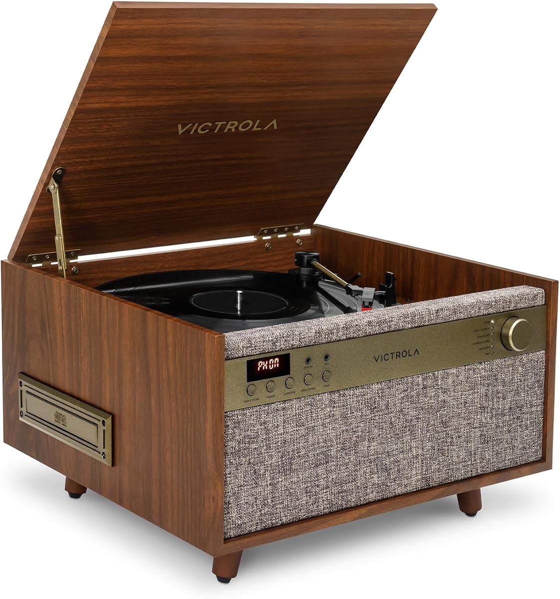 Victrola Century - Tocadiscos Bluetooth 6 en 1 - Nogal | El centro de música de mediados de siglo reproduce vinilos, CD, casetes y auxiliares, VINYLSTREAM transmite discos a parlantes Bluetooth
