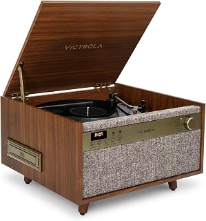 Victrola Century 6-in-1 Bluetooth Turntable with Speakers, CD/Cassette, VINYLSTREAM - Mid-Century Walnut Music Center