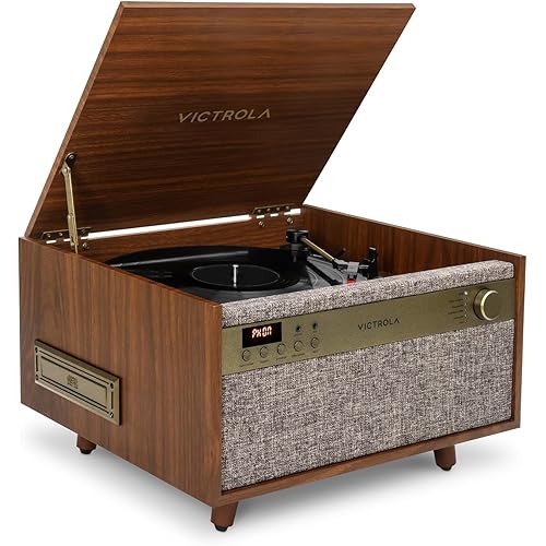 Victrola Century 6-in-1 Vinyl Record Player & Music Center – 3-Speed Turntable, CD & Cassette Player, VINYLSTREAM, Bluetooth & 3.5mm Aux, Record Player with Speakers, Mid Century Design (Walnut)