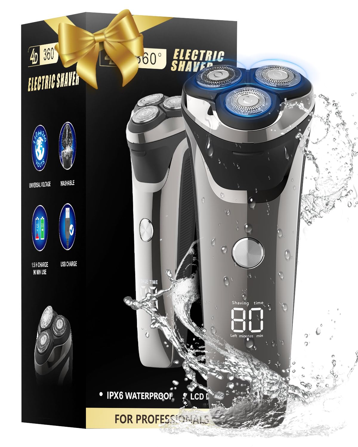 Rasoir Électrique Homme avec Écran LCD, 4D Tête Flottante, IPX7 Étanche pour Rasage Sec et Humide, Rasoir Barbe Homme Rechargeable USB avec Tondeuse Rétractable, Rasoir Sans Fil (Argent Électroplaqué)