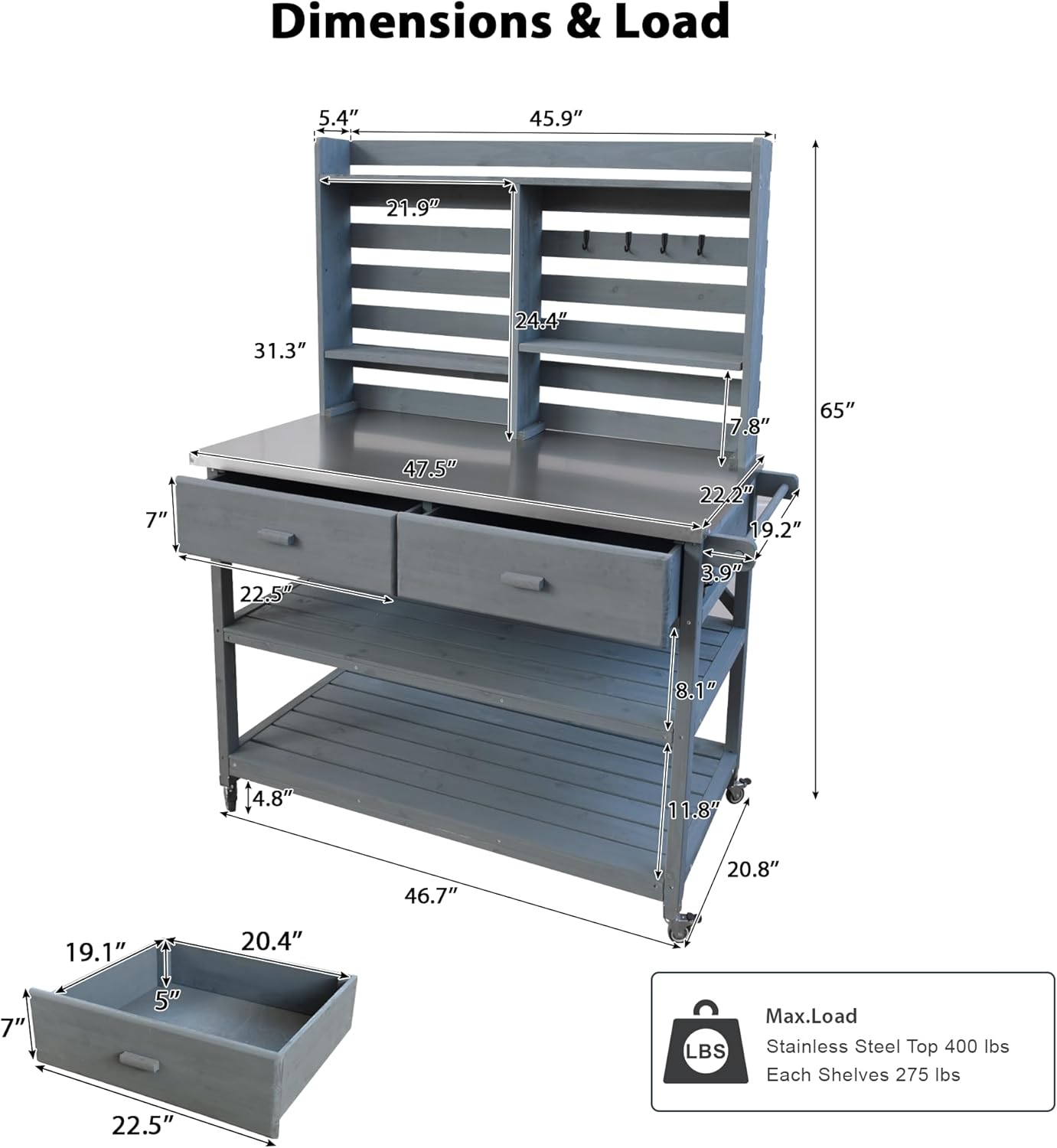 Polibi 64.9"H Outdoor Potting Bench Table with Lockable Wheels,Solid Fir Wood Outdoor Kitchen Island with Upper Hutch,Stainless Steel Top,Towel Rack,Outdoor Storage for Grilling,Lawn Garden(Grey Blue)