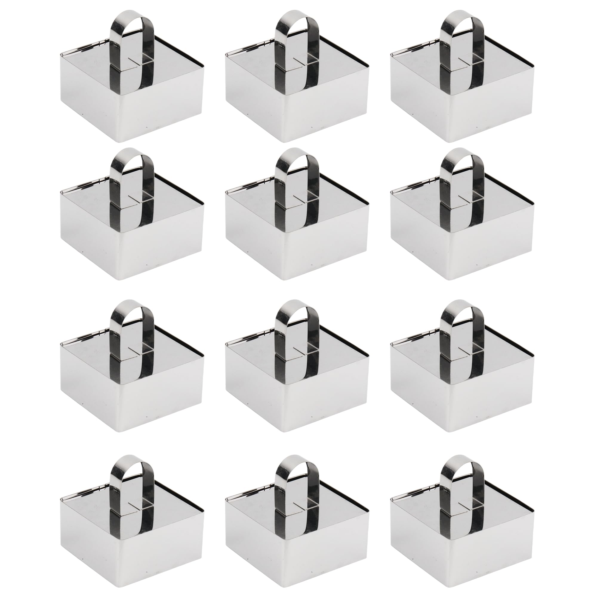 Set of 12 Stainless Steel Square Cake Rings with Pusher, 8x8x3.8cm