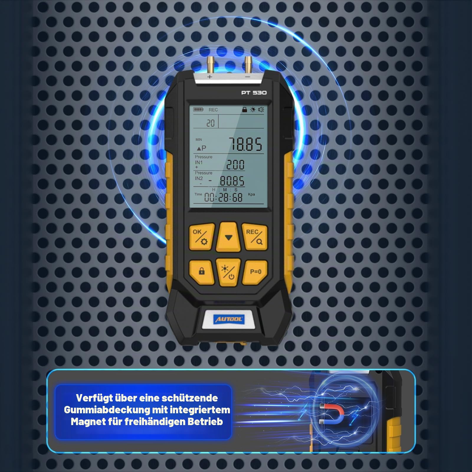 AUTOOL Manometer Digital, PT530 HLK Manometer, -1000~3000mbar / -100~300Kpa, ±0,25% FS Genauigkeit, Differenzdruckmessgerät met Adapter, Taschenlampe, 10 wählbaren Einheiten, Werkzeugkasten