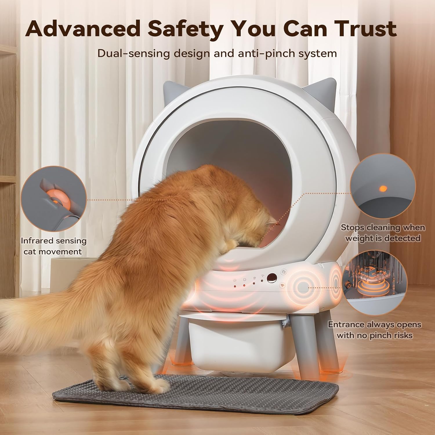 Auto Self-Cleaning Litter Box Multi-Cat Dual Safety Odor Control Large Opening Includes Mat