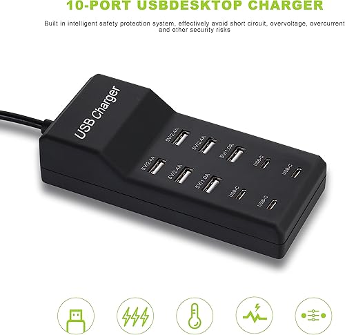 Miniatura 7 de Cargador USB, estación de carga USB de 50 W con 10 puertos (6 puertos USB-A y 4 puertos USB-C) compatible con iPhone 1514131211X876 teléfonos,