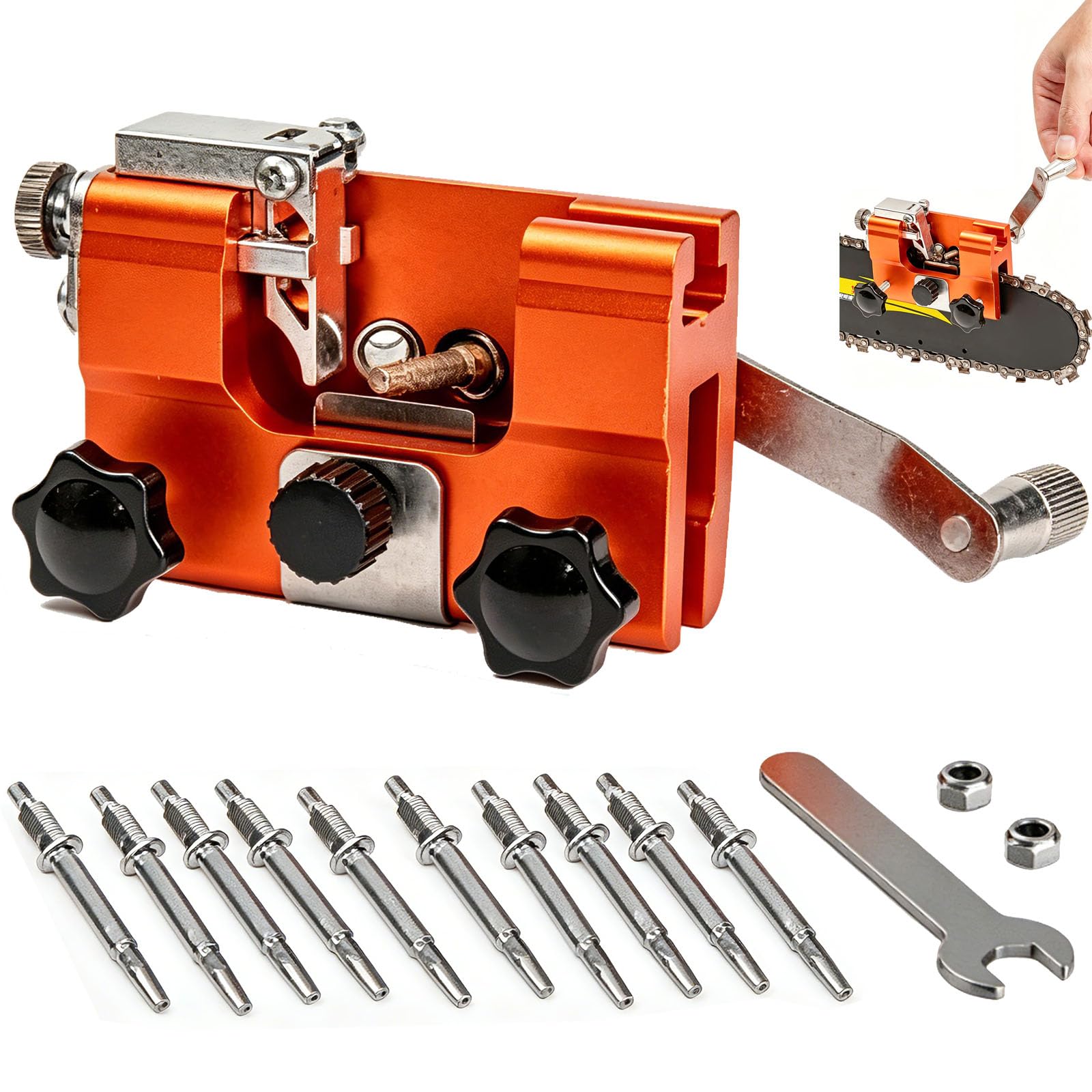 Qinux Klampero Chainsaw Sharpener, Klampero Chain Sharpener, Hand Crank Chainsaw Sharpeners Kit, All Chainsaws Chains (with 10 Sharpening Steels)