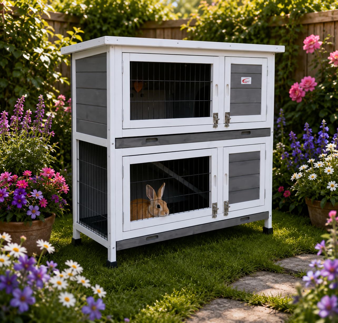 BUNNY BUSINESS Conejera para Conejos, Conejillos de Indias para Exteriores, conejeras de Dos Pisos en Las Patas (Gris)