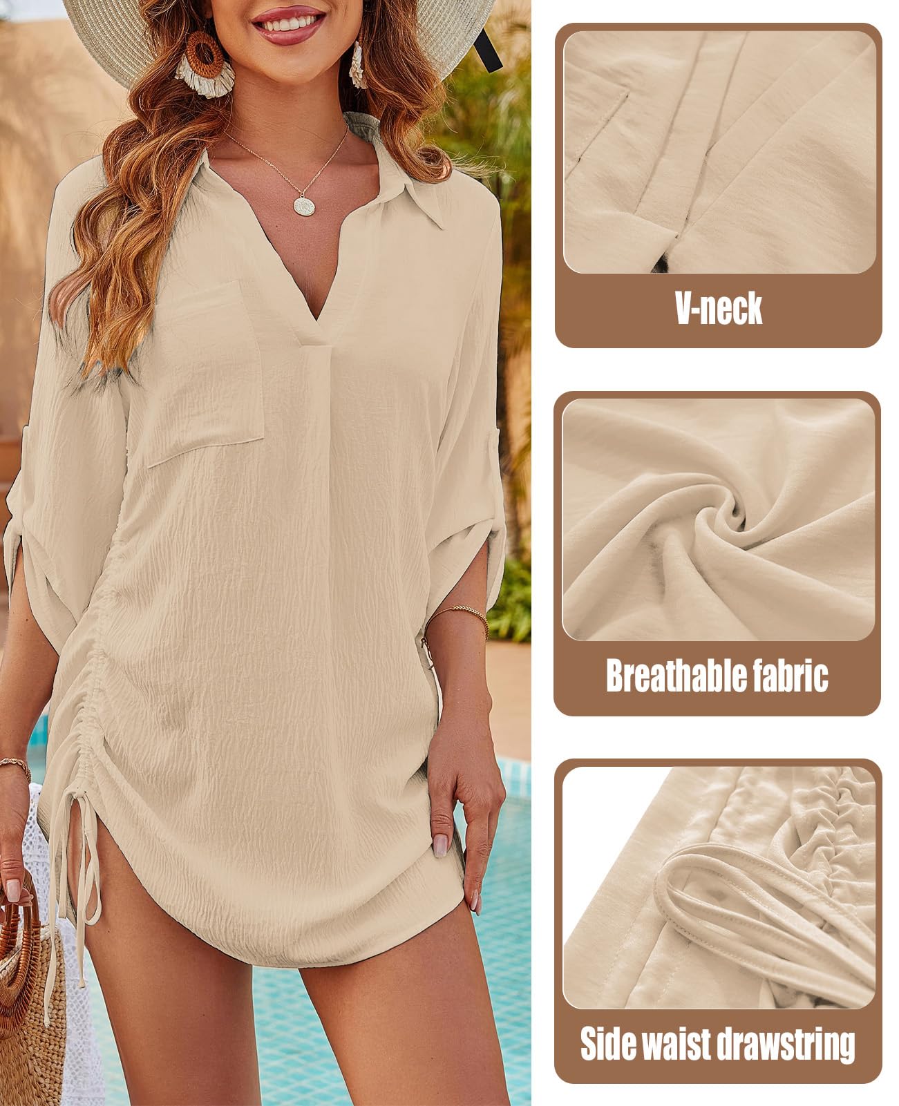 JFAN Robe de Plage Femme Chemise Longue Boutonnée Sexy V-Cou Bikini Cover Up Casual Robe Chemise de Plage pour Femme