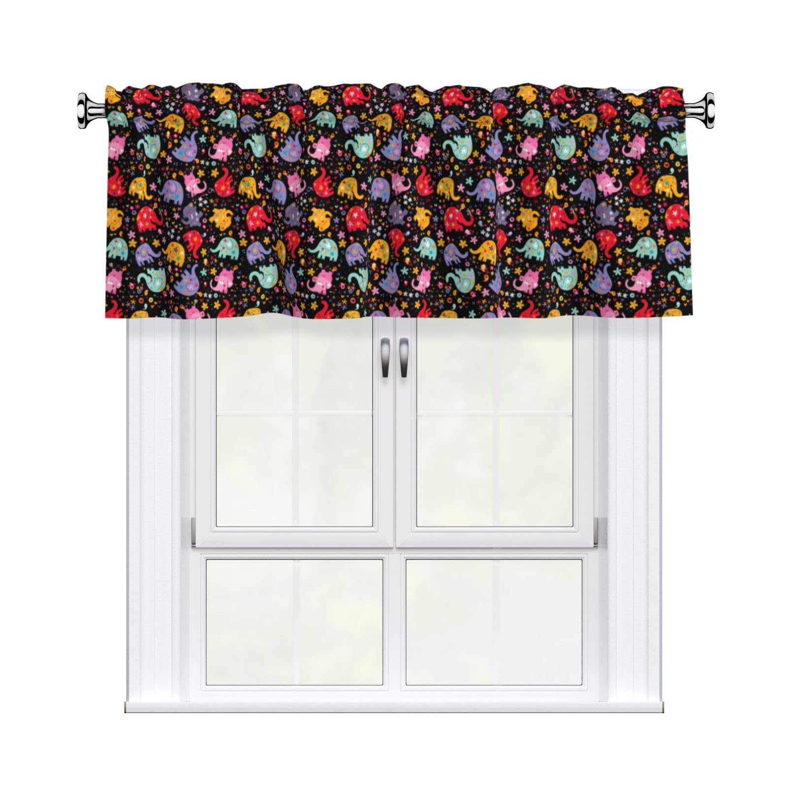 WHJDPP Colorful elephant Prints Charming Kitchen Window Cover – 54x18 Inch Peach Skin Valance with Decorative Print