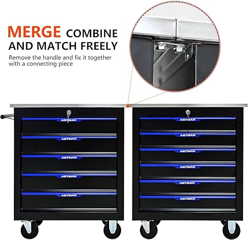 Miniatura 8 de Caja de herramientas con ruedas con 6 cajones, armario multifuncional para herramientas con cerradura, cajones, carrito de herramientas rodante,